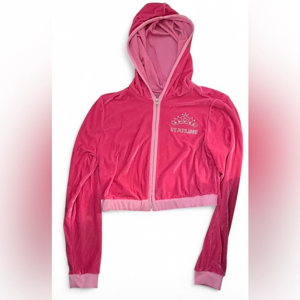 Starline Women’s Large Pink Velour Cropped Hoodie Velvet Long Sleeve Y2K